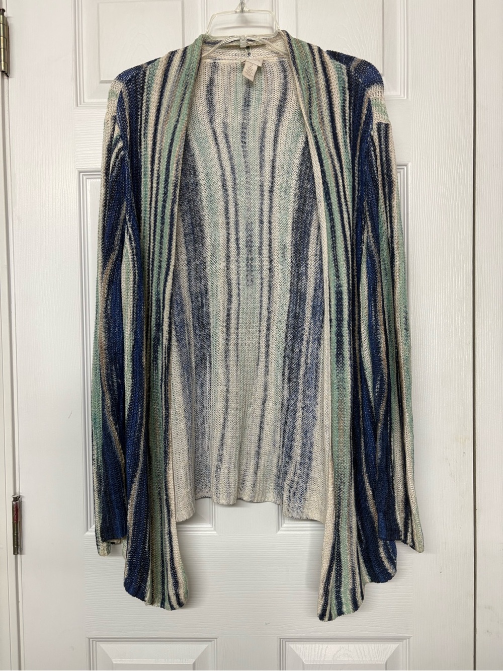 Chico's Boho Linen Blend Broken Stripe Cocoon Long Cardigan Blue Green Sz 2 (L)